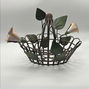 Vintage Brown Metal Basket with Floral Accents 7.5 x 6 inches
